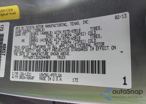 2013 Toyota Tundra Limited 5.7L V8 из США, поврежденный, VIN 5TFHW5F13DX294909